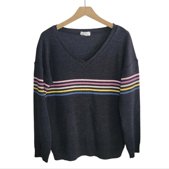 Hopely | Gray V-neck Colorful Chest Stripe Sweater - Picture 5 of 5